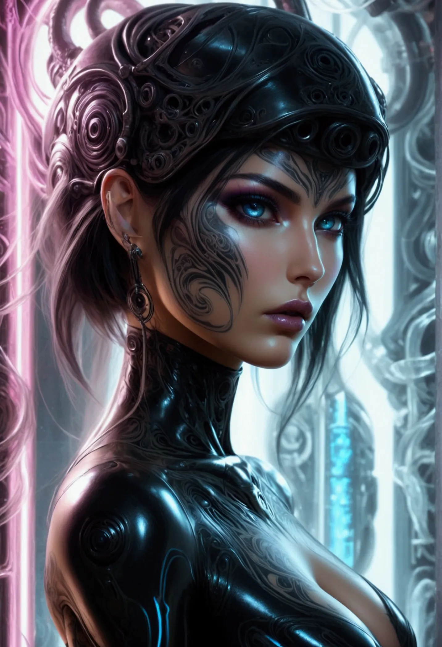 stunningly gorgeous beautiful perfect hr giger inspired inspired tattooed sexy seductive jenova,  perfect face, hyper detailed v...