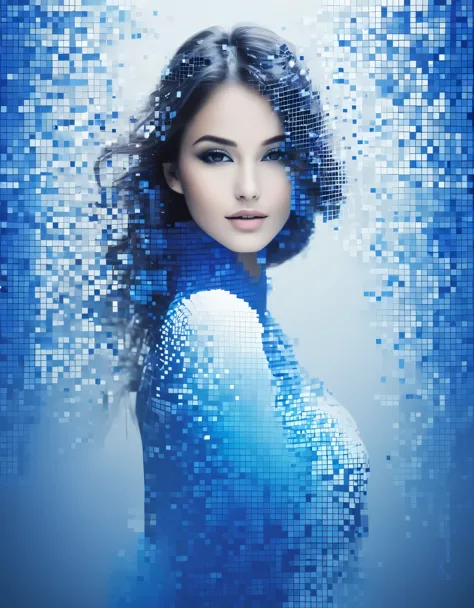 beautiful woman in blue gradient dissolving pixel wall&#39;of the head，3d voxel blocks，a structure that was initially intact but...