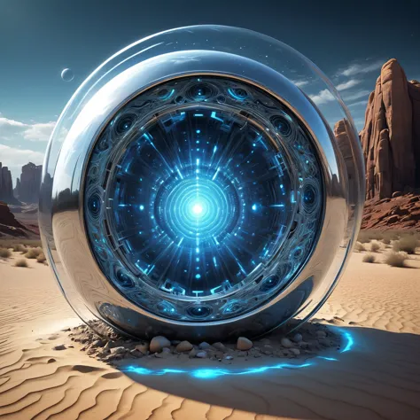 Shiny, polished object art like a mirror suddenly appearing in the desert, abstract, streamlined, futuristic: 1.5, dynamic, (add fantastic futuristic decoration: 1.5), intricate detailed On a blue luminous magic circle.