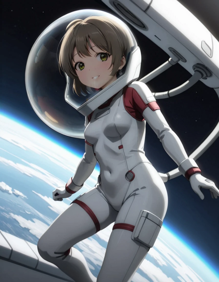 (Spacesuit:1.15), White Cargo Pants, Space Helmet , , Spacewalk, masterpiece, Highest quality, One person, alone, short hair, , , , Bodysuits,Gloss,, short hair, (Futuristic spaceship:1.6), , smile,Covered navel, short hair,Small breasts,From below, space helmet, bubble helmet,Minami Kotori , Love Live! School Idol Project, full body