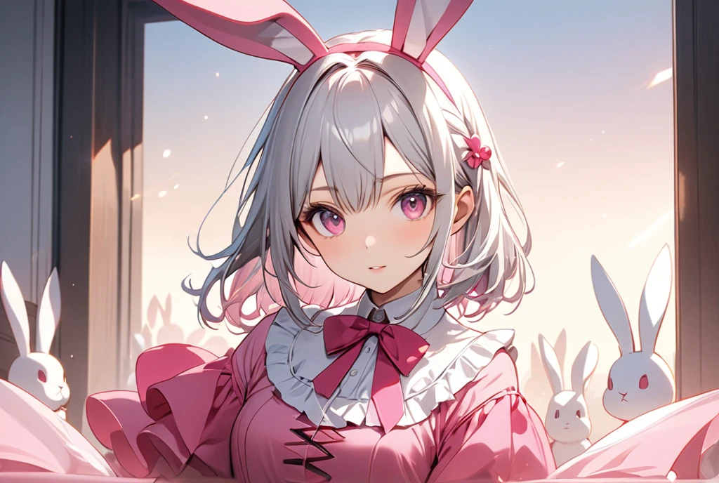 (masterpiece, Highest quality:1.2), Silver Hair,Pink dress,Pink eyes,Bunny ears,One person, One personで,Mid length, girl&#39; I'm in love with you, Dynamic Random Shot, Attractive cleavage, elastic thighs, ARW