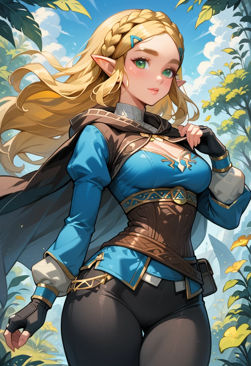 (extremely fine and beautiful:1.1), (perfect details:1.1), (finely detailed eyes and detailed face:1.3), ZeldaSDXL, Princess Zelda, narrow hips, medium breasts, cleavage, slender thighs, small ears, pointy ears, braid, hair ornament, hairclip, gloves, black gloves, fingerless gloves, blue shirt, shirt, long sleeves, crown braid, bangs, green eyes, parted bangs, pants, black pants, blonde hair, long hair, cape, sidelocks, hood, thick eyebrows, jewelry, hooded cape, belt, tight pants, tight, puffy sleeves, (lonely lost path)