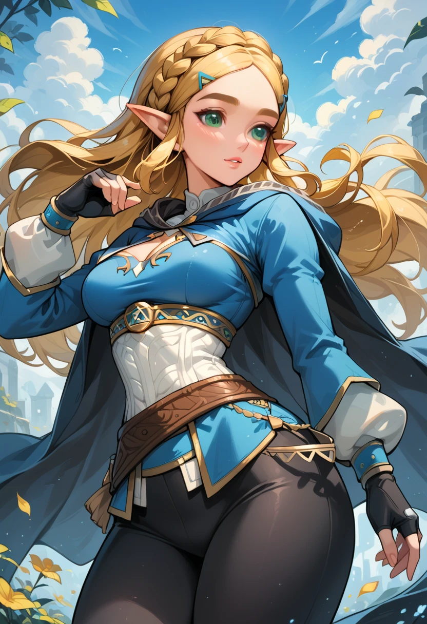 (extremely fine and beautiful:1.1), (perfect details:1.1), (finely detailed eyes and detailed face:1.3), ZeldaSDXL, Princess Zelda, narrow hips, medium breasts, cleavage, slender thighs, small ears, pointy ears, braid, hair ornament, hairclip, gloves, black gloves, fingerless gloves, blue shirt, shirt, long sleeves, crown braid, bangs, green eyes, parted bangs, pants, black pants, blonde hair, long hair, cape, sidelocks, hood, thick eyebrows, jewelry, hooded cape, belt, tight pants, tight, puffy sleeves, (lonely lost path)