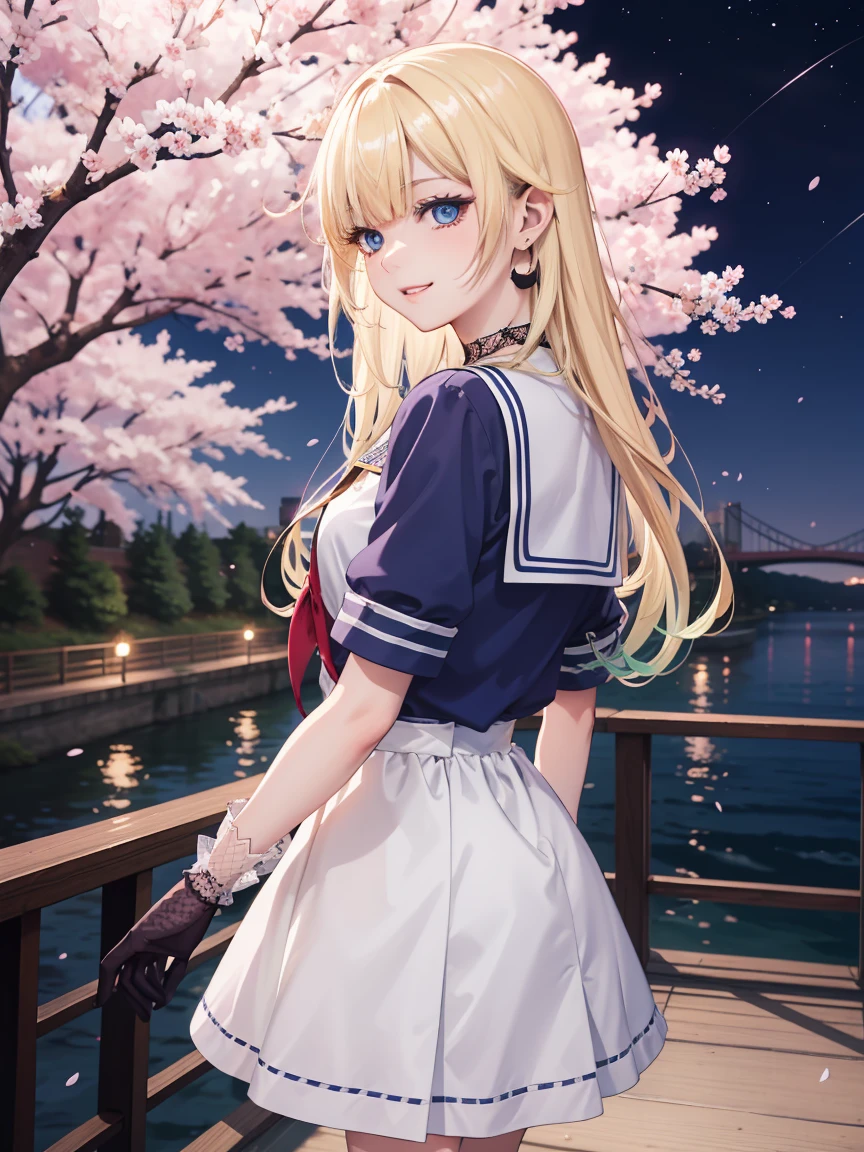 overview: A beautiful anime style illustration featuring a blonde female character standing against a background of cherry blossoms at night。
Main subject: The female character has long blonde hair.、Hair clip on the side。Her big blue eyes are distinctive、Posing with a slight glance back。She is wearing a sailor-style outfit、They wear mesh gloves on their sleeves and arms.。The black cherry-shaped earrings and lace choker are striking.。
Additional elements: In the background, cherry blossom trees in full bloom stand out against the night sky.、Cherry blossom petals fluttering in the wind。In the background you can see a bridge and waterfront.、The city lights are softly illuminating。
Technical details: Image in anime style、A soft light falls on the person&#39;s face。The camera angle was taken from behind at an angle.、It highlights the character&#39;s profile.。The night view in the background is very detailed.、It enhances the elegant atmosphere。
Visual impression: Her light blonde hair and blue eyes are highlighted.、It depicts a warm and quiet night scene.。The female characters are attractive、Romantic and elegant atmosphere。
Overall mood and feeling: By cherry blossoms and night view、It expresses a calm and beautiful spring night.、The character&#39;s expression is smiling.、It conveys gentleness and calm emotions.。