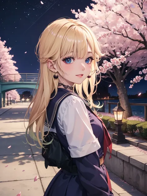 overview: a beautiful anime style illustration featuring a blonde female character standing against a background of cherry bloss...