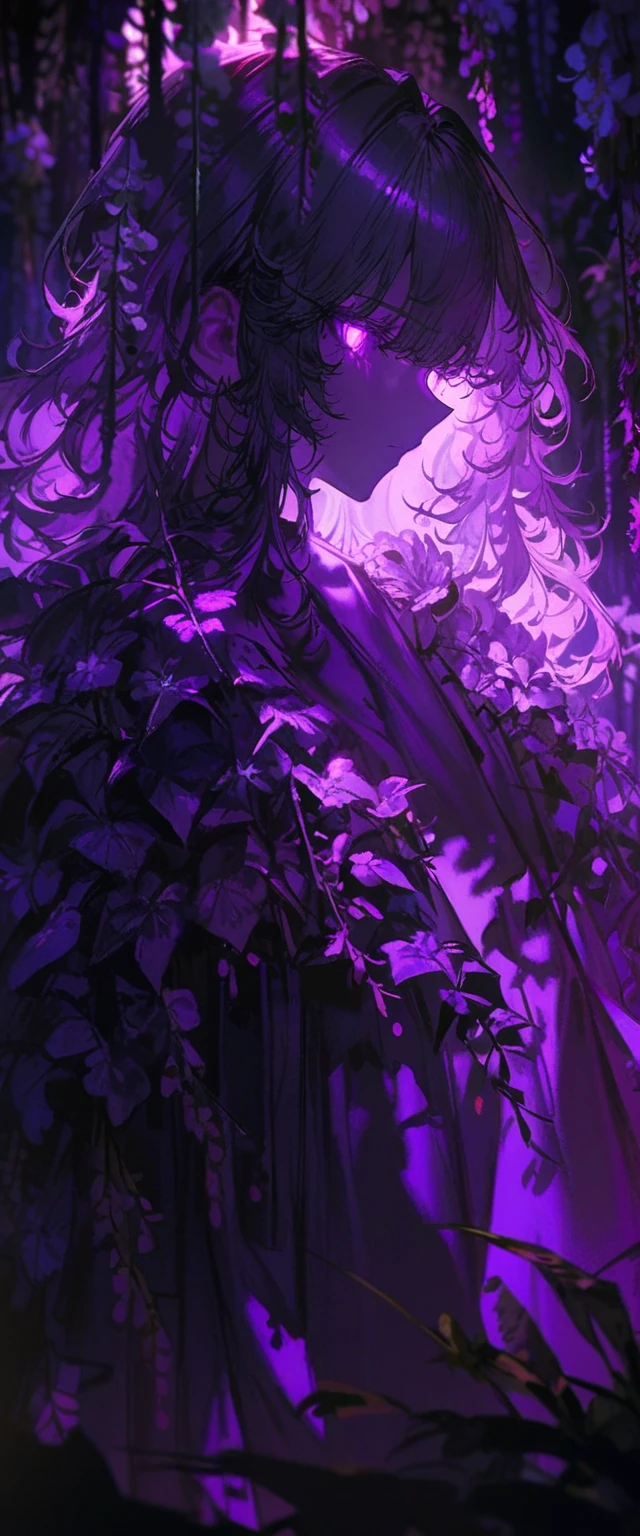 (close up), masterpiece, best quality, very aesthetic, absurdres, extremely detailed, (quasarcake:1.2), (((detailed lighting, rendered, perfect hair, detailed face and body))),

1girl, solo, long hair, standing, flower, outdoors, tree, glowing, plant, nature, scenery, glowing eyes, silhouette, purple theme, wisteria