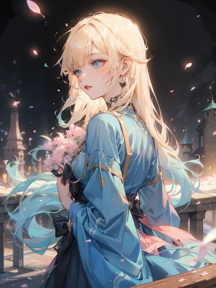 "Under a night sky filled with vibrant fireworks, a beautiful anime-style character named Sakura-ya Eris stands gracefully. She has long flowing blonde hair, large sparkling blue eyes, and wears a sailor-style uniform with black lace gloves, a choker, and cherry-shaped earrings. Surrounding her are cherry blossom trees in full bloom, with petals gently falling around her. The scene captures a peaceful cityscape in the background, with a river and a bridge illuminated by warm, soft lights. The atmosphere is romantic and magical, with the fireworks adding an extra touch of celebration and wonder."