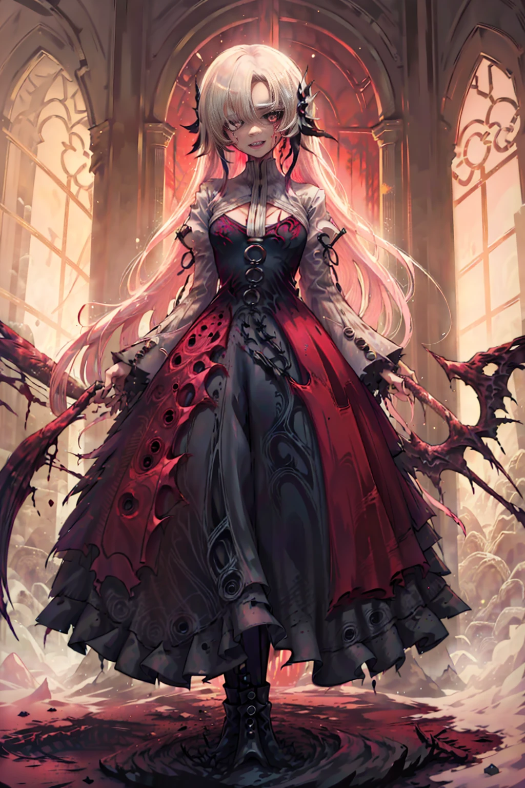 shaded face　、beautiful girl、とてもcute天使、Pink T-shirt、cute、Baby Face、smile、Long skirt、Black long boots、.(Highest quality,4K,High resolution,Masterpiece 1.2),Very detailed,Realistic 1.37,Spooky altar background,Dark fantasy,Red color scheme,Ominous atmosphere,Eye-catching,Storytelling,anatomy,Anime Style,Concept Art,beautiful細部までこだわった顔と (((Red eyes ))),A terrifying ritual ,Satanic Ritual,Premature death,inappropriate behavior,クレイジーなsmile,Scythe Face,Girl Monster, beautiful, Delicate facial features, Sharp Eye, Sharp Fangs, pale skin, Dark Background, Cinema Lighting, Dramatic Shadows, Gothic style, Gloomy atmosphere, Dark fantasy, one person&#39;s, Please open your mouth wide, Open your mouth and baring your teeth,Sharp teeth like a beast, Wide lips, very wide mouth, Vermilion cheeks, ,(Blood splatter1.3),Scary smile, smile,Angel Design, Twisted smile、Bloody、bleeding from the head,,,,,、Blood splatter、,(Blood splatter1.3),skull,Horror Style, ((Fantasy Sweet Ta Frill Pink Costume)), ((Flowing blonde hair)), ,(Blood splatter1.3),Female curves, Sexy flat stomach, Perfect hands, Perfect anime face, (Pink Tata Dress)), Are standing, ((邪悪なsmile)), ,(Blood splatter1.3), Steam circulates, Moonlight Illumination, night lighting, (Blood splatter1.3),アニメAngel Design, Twisted smile、Bloody、bleeding from the head,,,,,、Blood splatter、,(Blood splatter1.3), skull,Gothic architecture、Western architecture、Fantasy World、,Victorian cities, Skeleton Gas Light,Absurd, High resolution、 ((Tabletop)), ((Highest quality)), (Very detailedな), ((Very detailed)), (beautiful), ((cute)), (nfsw1.8), alone,(1.6)、(world&#39;The most terrifying and creepy demon girl 1.5)beautiful face、Whole Body Ezbian、pale, beautiful肌、beautiful金の髪、優しくsmileむ、Dark building ruins、(snow white&#39;Frill dress 1.3)、(The dark ruins are stained with blood 1.3)、Low angle full body shot、(少女は血の海の中にAre standing1.2)、(The ground is .3)、(The girl lost a lot of blood....1.3)、(クレイジーなsmile1.6)、Spirits、(Blood dripping from the mouth 1.3)、
