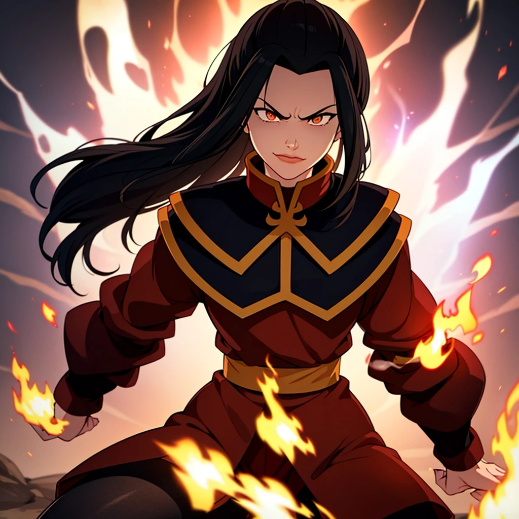 masterpiece, best quality, 1girl, azula pantyhose, slight smirk, solo, black hair, fire, dark, long hair, serious, eyes open, pure white eyes, Swirling flames and electricity. Red and blue flames