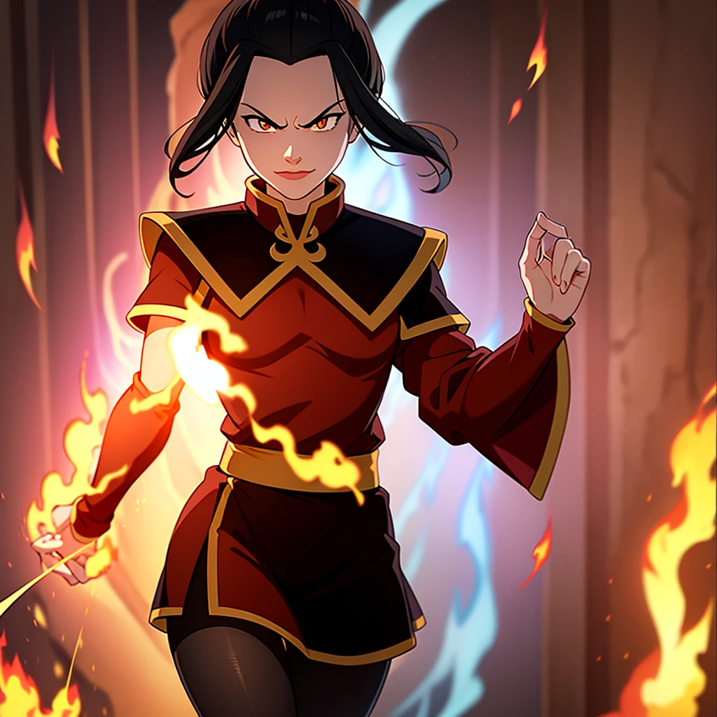 masterpiece, best quality, 1girl, azula pantyhose, slight smirk, solo, black hair, fire, dark, long hair, serious, eyes open, pure white eyes, Swirling flames and electricity. Red and blue flames