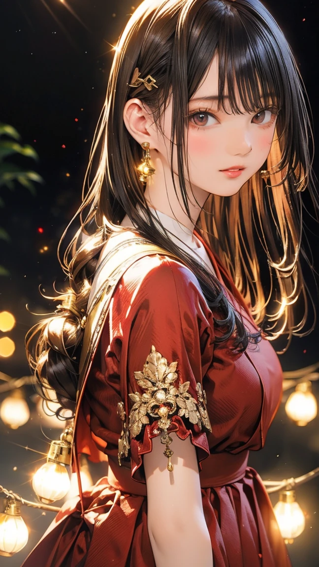 1 girl、(Red dress:1.2)、(RAW Photos、Highest quality)、(Genuine、Realistic:1.4)、masterpiece、Very delicate and beautiful、非常にdetailed、2k wallpaper、wonderful、detailed、非常にdetailed CGユニティ 8k 壁紙、非常にdetailed、High resolution、Soft Light、美しいdetailed女の子、非常にdetailed目と顔、美しいdetailed鼻、美しいdetailed特別な目、Cinema Lighting、City lights at night、Perfect Anatomy、Slender body、A light smile、close、(Long hair with bangs)、Large Breasts