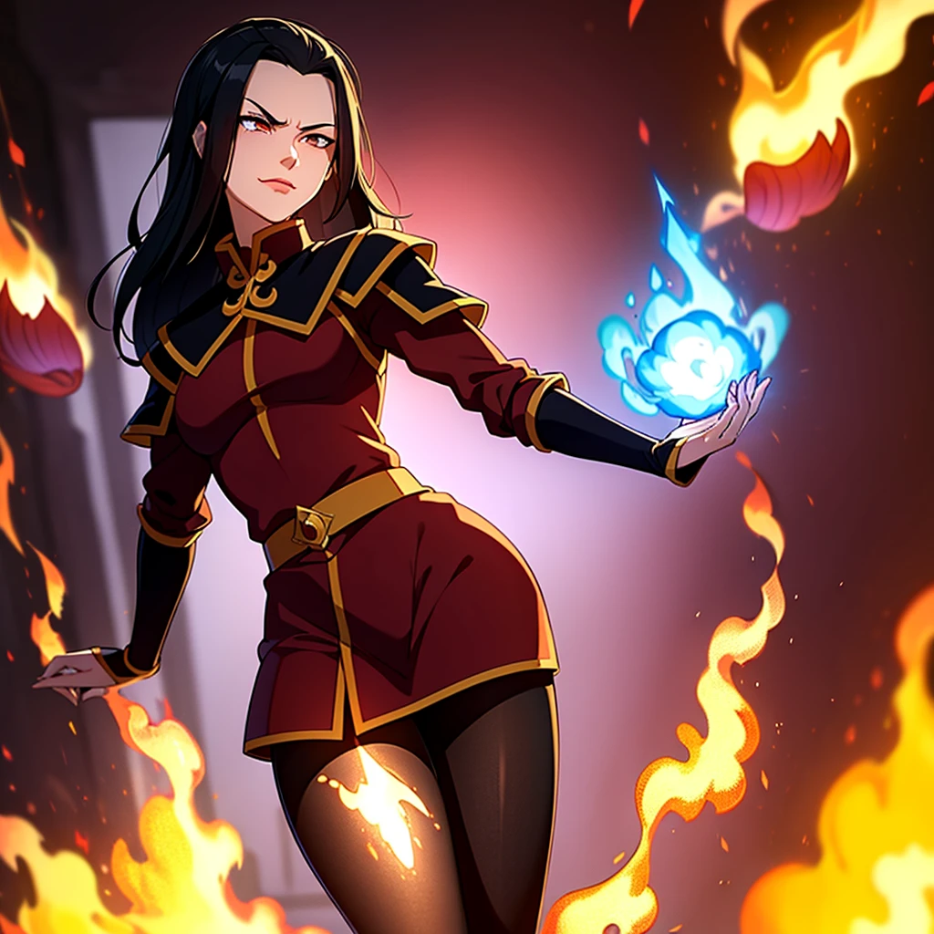 masterpiece, best quality, 1girl, azula pantyhose, slight smirk, solo, black hair, fire, dark, long hair, serious, eyes open, pure white eyes, Swirling flames and electricity. Red and blue flames