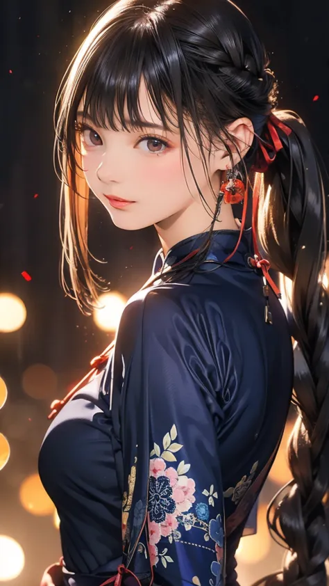 1 girl、(indigo cheongsam:1.2)、(RAW Photos、Highest quality)、(Genuine、Realistic:1.4)、masterpiece、Very delicate and beautiful、非常にdetailed、2k wallpaper、wonderful、detailed、非常にdetailed CGユニティ 8k 壁紙、非常にdetailed、High resolution、Soft Light、美しいdetailed女の子、非常にdetailed目と顔、美しいdetailed鼻、美しいdetailed特別な目、Cinema Lighting、City lights at night、Perfect Anatomy、Slender body、A light smile、close、(Long hair with bangs)、Large Breasts、Photograph the whole body、ponytail