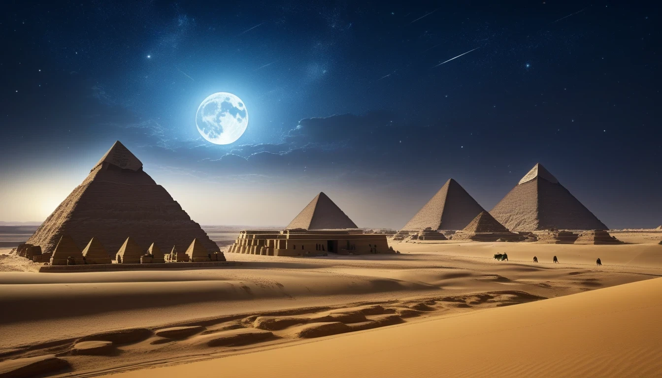 ((Masterpiece)), ((Best Quality)), (Very Detailed), ((Very Detailed)), 4K, (8K), very aesthetic, absurdres highres, Egyptian pyramids under a full moon, set in a vast desert, with the pyramids casting long shadows, cool silver light, a feeling of solitude and mystery, detailed hieroglyphics on the pyramid walls, the texture of sand and ancient stone, camels resting nearby, a caravan of traders passing by, the distant silhouette of the Sphinx, stars twinkling in the night sky, an oasis visible in the distance, and a strong sense of depth and perspective