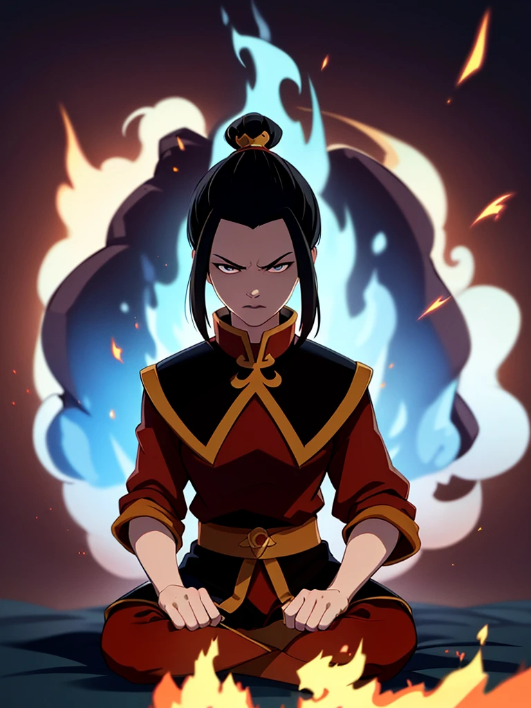 masterpiece, best quality, 1girl, azula, fire nation clothes, azula (avatar the last airbender), solo, black hair, fire, dark, long hair, topknot, serious, closed eyes, meditating, sitting, avatar meditation,, princess azula, eyes open, pure white eyes, Swirling flames and electricity. Red and blue flames