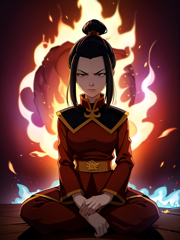 masterpiece, best quality, 1girl, azula, fire nation clothes, azula (avatar the last airbender), solo, black hair, fire, dark, long hair, topknot, serious, closed eyes, meditating, sitting, avatar meditation,, princess azula, eyes open, pure white eyes, Swirling flames and electricity. Red and blue flames