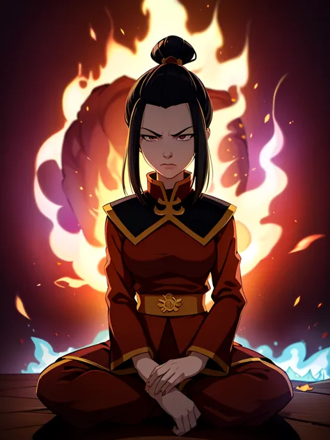 masterpiece, best quality, 1girl, azula, fire nation clothes, azula (avatar the last airbender), solo, black hair, fire, dark, l...