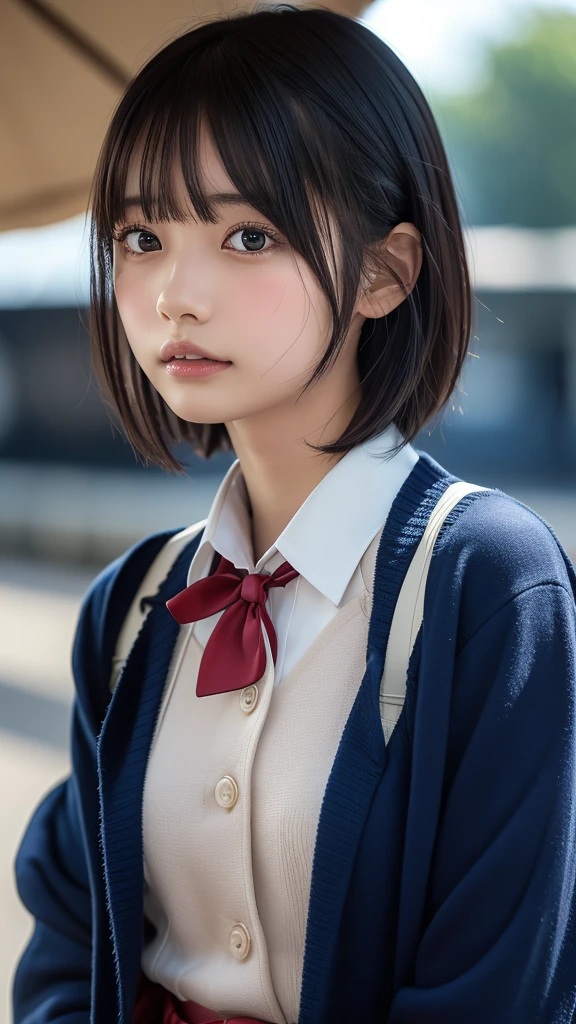 ((masterpiece, Highest quality, High resolution)), Japanese schoolgirl、(Realistic: 1.4), Twilight、Great face,Glossy Lips、, short hair、(Beautiful Hair:1.5), Japanese High School Uniform、(Navy blue cardigan)、(White dress shirt)、(Red tie)、(Very short pleated skirt)、(loafers)、waiting for the train on the station platform、Smooth, Highly detailed CG composite 8K wallpaper, High resolutionのRAWカラー写真, Professional photography, Light, BackLight, dream-like, impressive, Written boundary depth, (Face close-up:1.5)