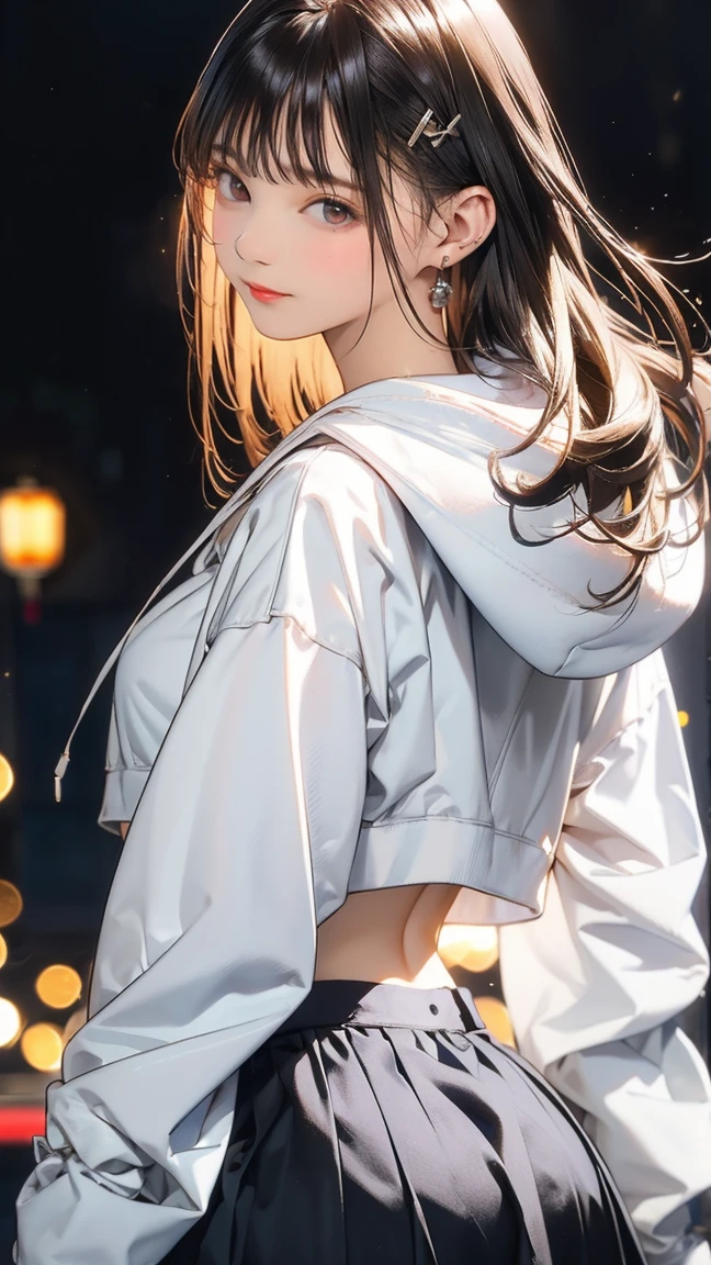 girl1人、(White hoodie:1.2)、(RAW Photos、Highest quality)、(Genuine、Realistic:1.4)、masterpiece、Very delicate and beautiful、非常にdetailed、2k wallpaper、wonderful、detailed、非常にdetailed CGユニティ 8k 壁紙、非常にdetailed、High resolution、Soft Light、美しいdetailedgirl、非常にdetailed目と顔、美しいdetailed鼻、美しいdetailed特別な目、Cinema Lighting、City lights at night、Perfect Anatomy、Slender body、A light smile、close、(Long hair with bangs)、Large Breasts　Actual, Highest quality, Natural light, Pay attention to the butt, girl, Perfect body, Slim Abs, Dark brown hair, Long legs, White T-back, (Beautiful ass:1.1), Show me your back, , Long limbs, Protruding round ass, walk, Attention to detail, masterpiece, Highest quality, 8k