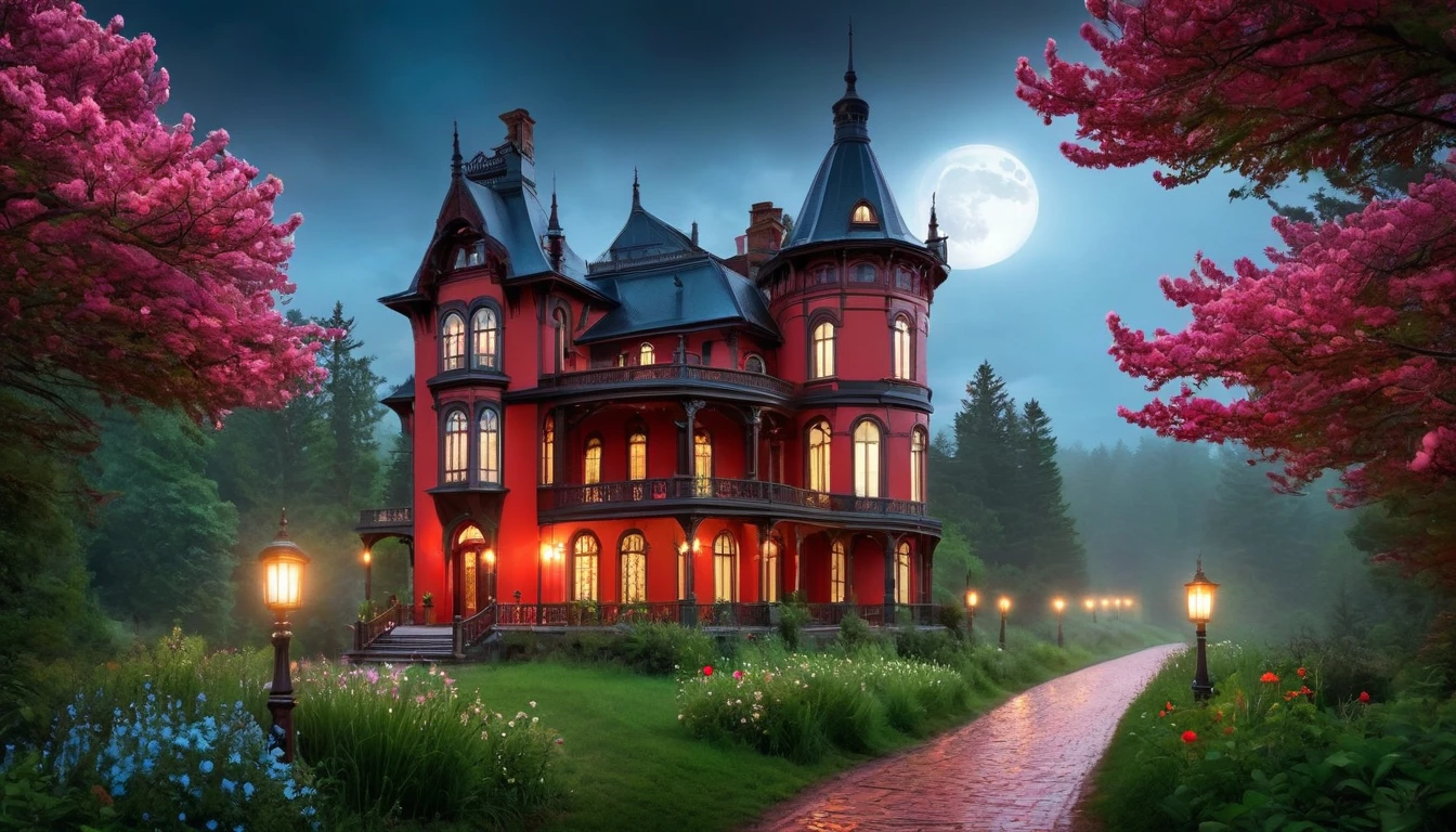 A mystical HDR scene:  ((gigantic Victorian house in Gothic style)) in front of this house is a beautiful woman seen from behind, wears a red hooded cape, standing on a path red stones,  humida, with light posts on both sides, in the forest on the red stone path it goes through the forest while a light rain falls. Water droplets shine on the ground. a narrow path of red mist and steam leading to the house Around it are many giant trees, red and pink flowers and a small cyan-blue river. An ivory-white bridge with gold detailing arches over the river. Fireflies dance in the grass under a clear night sky with a full moon. From a distance,