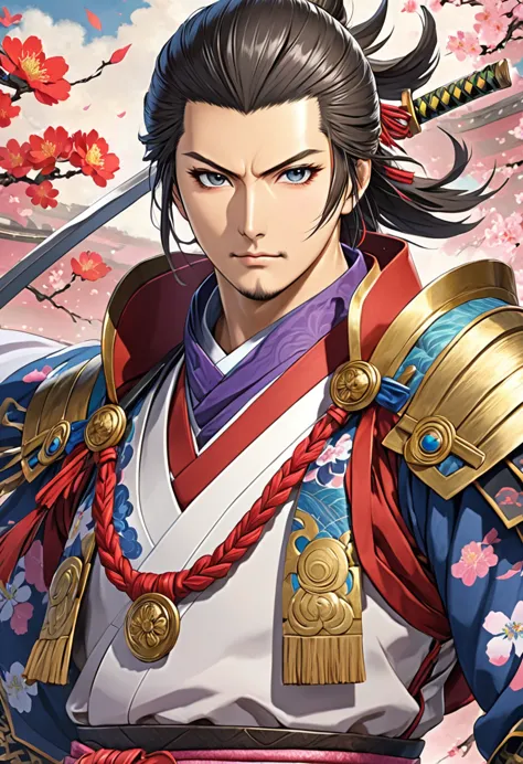 sengoku warlords、a close-up of mori ranmaru&#39;s face captured completely from the front。he looks straight into the camera with...