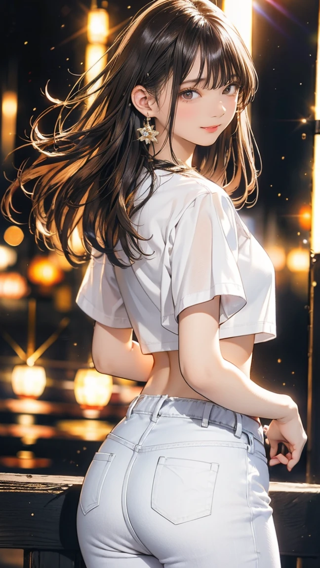 girl1人、(White T-shirt and skinny jeans:1.2)、(RAW Photos、Highest quality)、(Genuine、Realistic:1.4)、masterpiece、Very delicate and beautiful、非常にdetailed、2k wallpaper、wonderful、detailed、非常にdetailed CGユニティ 8k 壁紙、非常にdetailed、High resolution、Soft Light、美しいdetailedgirl、非常にdetailed目と顔、美しいdetailed鼻、美しいdetailed特別な目、Cinema Lighting、City lights at night、Perfect Anatomy、Slender body、A light smile、close、(Long hair with bangs)、Large Breasts　Actual, Highest quality, Natural light, Pay attention to the butt, girl, Perfect body, Slim Abs, Dark brown hair, Long legs, White T-back, (Beautiful ass:1.1), Show me your back, , Long limbs, Protruding round ass, walk, Attention to detail, masterpiece, Highest quality, 8k