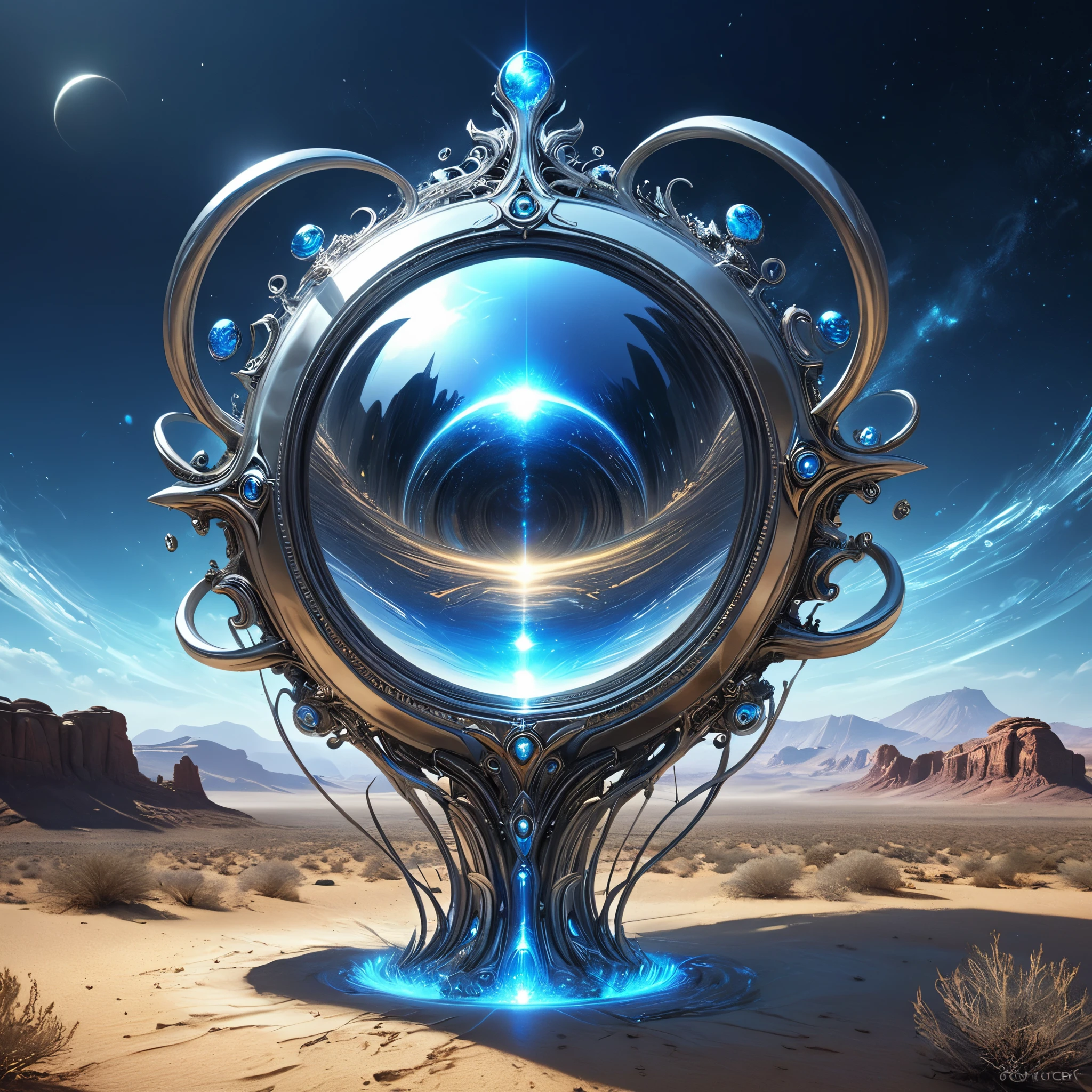 Shiny, polished object art like a mirror suddenly appearing in the desert, abstract, streamlined, futuristic: 1.5, dynamic, (add fantastic futuristic decoration: 1.5), intricate detailed On a blue luminous magic circle.