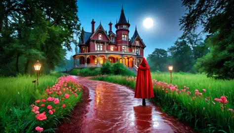 a mystical hdr scene:  ((gigantic victorian house in gothic style)) in front of this house is a beautiful woman seen from behind...