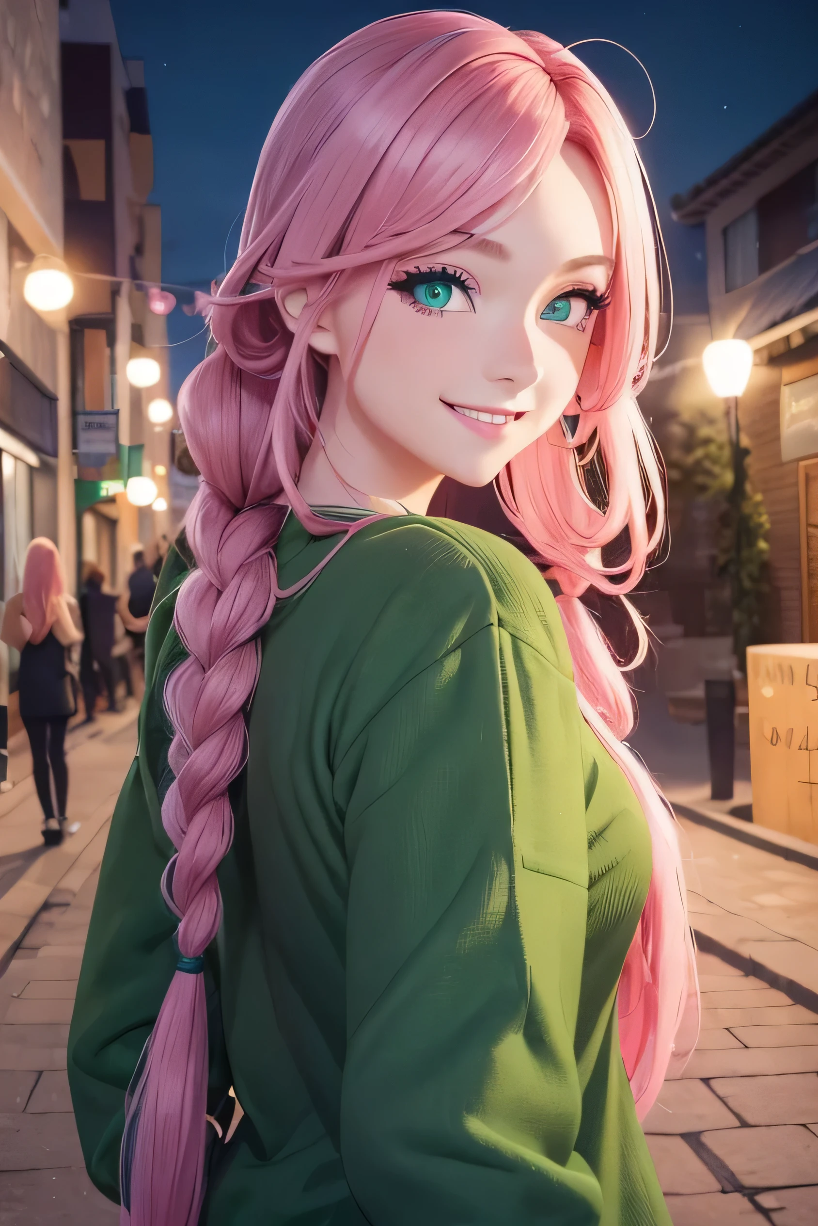 a beautiful young woman with long pink hair tied in a long braid, vibrant green eyes, a happy smile, winking an eye playfully, wearing casual and normal black clothes, a kind of street and sloppy style, detailed portrait, hyperrealistic, 8k, photorealistic, dramatic street lighting, cinematic,
