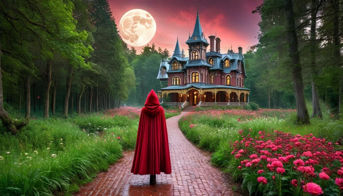 A mystical HDR scene:  ((gigantic Victorian house in Gothic style)) in front of this house is a beautiful woman seen from behind, wears a red hooded cape, standing on a path red stones,  humida, with light posts on both sides, in the forest on the red stone path it goes through the forest while a light rain falls. Water droplets shine on the ground. a narrow path of red mist and steam leading to the house Around it are many giant trees, red and pink flowers and a small cyan-blue river. An ivory-white bridge with gold detailing arches over the river. Fireflies dance in the grass under a clear night sky with a full moon. From a distance,