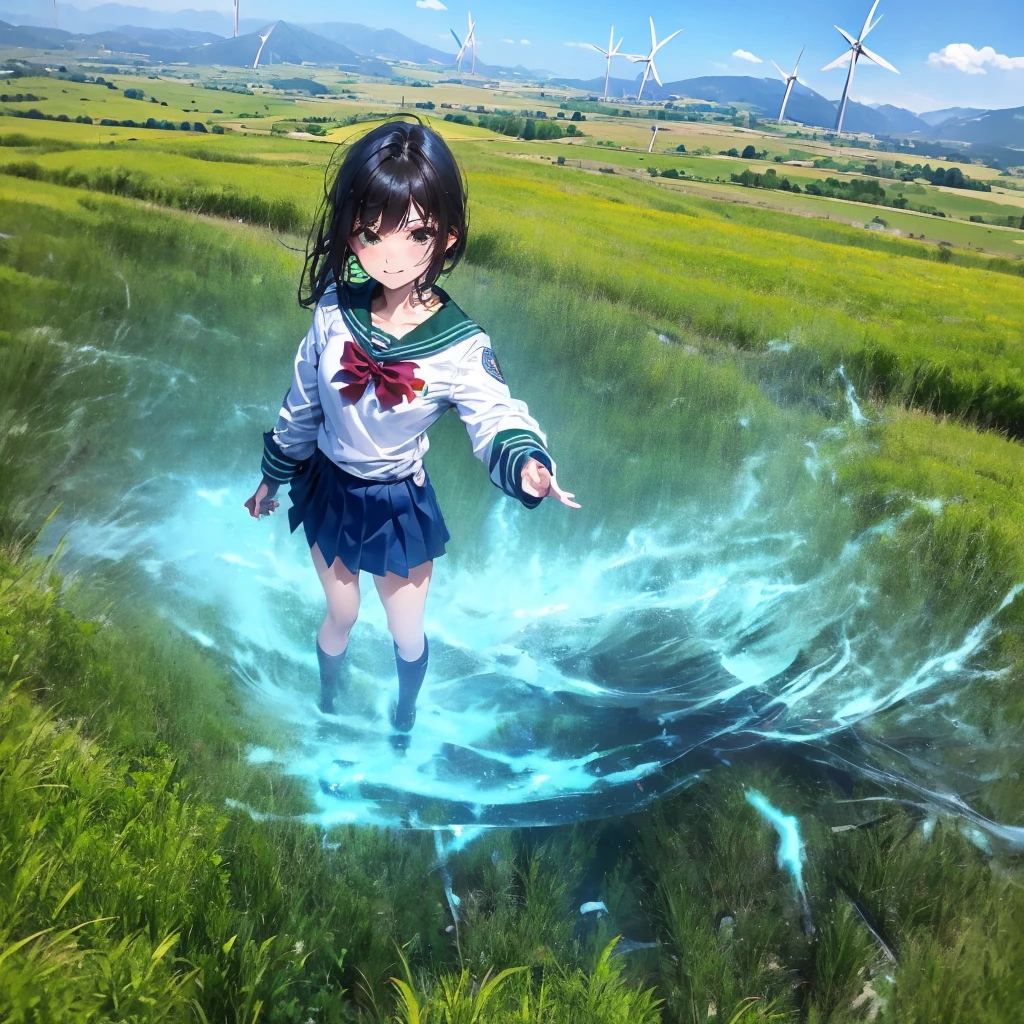 (Ultra HD)、(Full body description)、((Masterpiece))、(Fine skin)、((Delicate face))、Green Wind Energy、View from above、広いMeadow、(((Green Energyボール:1.5)))、Green Aura、Green Energy、girl、JK、(High School Uniform)、Red bow tie、Navy blue uniform、Brown Bob、Calm background、Meadow、The wind is blowing、blue sky、Cute face、Expansive blue sky