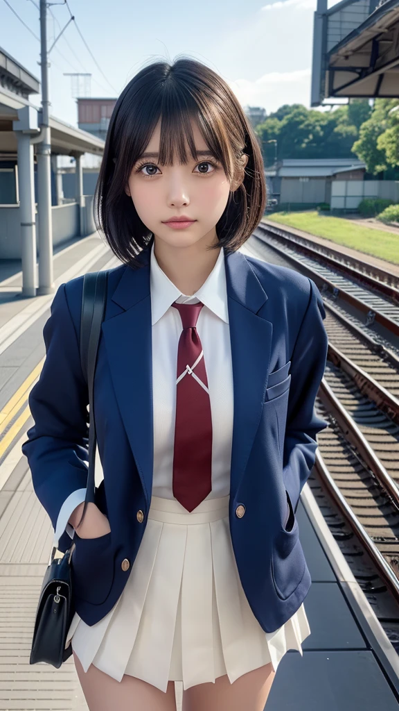 ((masterpiece, Highest quality, High resolution)), Japanese schoolgirl、(Realistic: 1.4), Twilight、Great face,Glossy Lips、, short hair、(Beautiful Hair:1.5), Japanese High School Uniform、(Navy Blue Blazer、Navy blue jacket)、(White dress shirt)、(Red tie)、(Very short pleated skirt、Underwear is visible)、(loafers)、Station platformで電車を待っている、(Station platform:1.5)、Smooth, Highly detailed CG composite 8K wallpaper, High resolutionのRAWカラー写真, Professional photography, Light, BackLight, dream-like, impressive, Written boundary depth, (Face close-up:1.3)