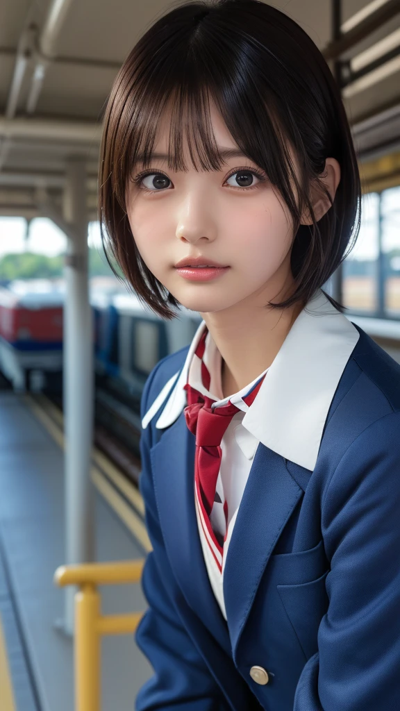 ((masterpiece, Highest quality, High resolution)), Japanese schoolgirl、(Realistic: 1.4), Great face,Glossy Lips、, short hair、(Beautiful Hair:1.5), Japanese High School Uniform、(Navy Blue Blazer、Navy blue jacket)、(White dress shirt)、(Red tie)、(Very short pleated skirt、The ultimate short pleated skirt)、(loafers)、Station platformで電車を待っている、(Station platform:1.5)、Side angle、Smooth, Highly detailed CG composite 8K wallpaper, High resolutionのRAWカラー写真, Professional photography, Light, BackLight, dream-like, impressive, Written boundary depth, (Face close-up:1.3)