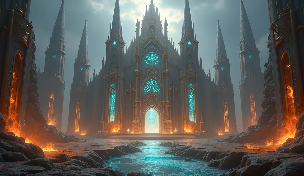 fantasy art, an epic ancient temple of god of moon and stars, with towers, holy symbols, glass artwork, pillars of fire, stream of water, sense of awe, admiration, diviinty, symmetric design