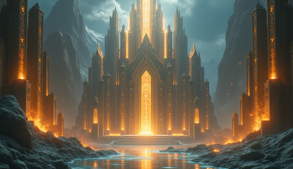 fantasy art, an epic ancient temple of god of moon and stars, with towers, holy symbols, glass artwork, pillars of fire, stream of water, sense of awe, admiration, diviinty, symmetric design