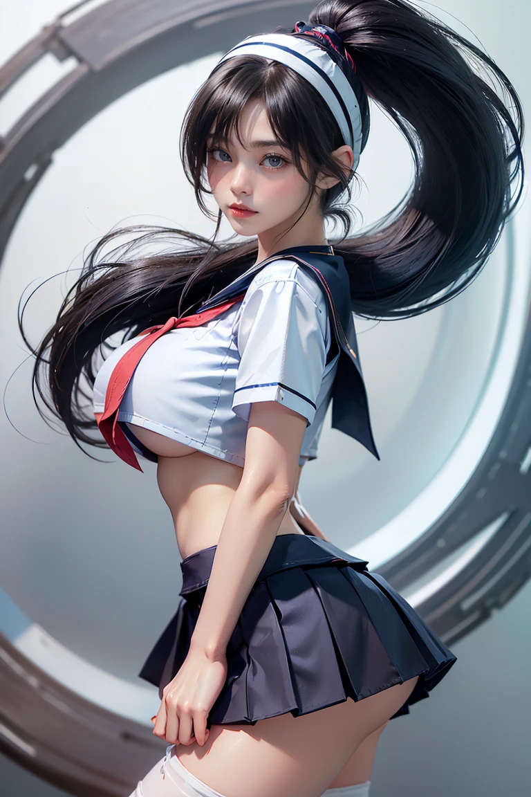 ((masterpiece, Highest quality, Best image quality, High resolution, Realistic, RAW Photos, 8k))、A town of the near future、neon、 (girl)、Clear dark blue eyes、Sharp eyes、Thin Nose、Beautiful Face, 1 female、(girl:1.2)、(Black Hair、Long Straight Hair:1.2)、(Short navy blue mini skirt:1.5)、(White knee-high:1.2)、(Short sailor suit、Short sailor uniform:1.3)、(White headband:1.1)、(Composition above the knee:1.2)、(looking at the camera:1.3)、((gigantic breasts:1.2))