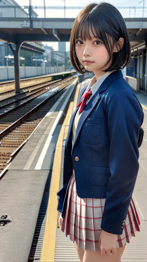 ((masterpiece, Highest quality, High resolution)), Japanese schoolgirl、(Realistic: 1.4), Great face,Glossy Lips、, short hair、(Beautiful Hair:1.5), Japanese High School Uniform、(Navy Blue Blazer、Navy blue jacket)、(White dress shirt)、(Red tie)、(Very short pleated skirt、The ultimate short pleated skirt)、(loafers)、Station platformで新幹線を待っている、(Station platform:1.5)、Side angle、Smooth, Highly detailed CG composite 8K wallpaper, High resolutionのRAWカラー写真, Professional photography, Light, BackLight, dream-like, impressive, Written boundary depth, (Face close-up:1.3)