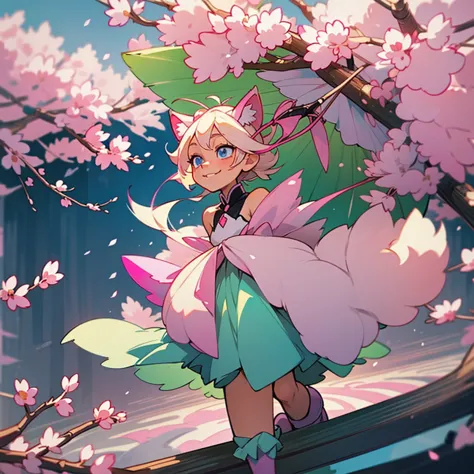 platinum blonde hair. skinny girl. blue eyes. pink and green dress. sakura cherry blossoms. cute smile. 1 girl walking under the...