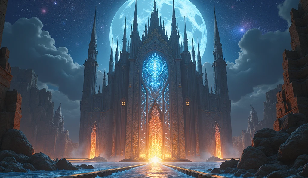 fantasy art, an epic ancient temple of god of moon and stars, with towers, holy symbols, glass artwork, pillars of fire, stream of water, sense of awe, admiration, diviinty, symmetric design