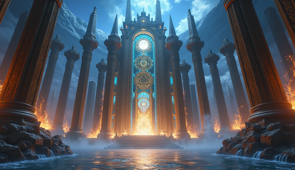 fantasy art, an epic ancient temple of god of moon and stars, with towers, holy symbols, glass artwork, pillars of fire, stream of water, sense of awe, admiration, diviinty, symmetric design