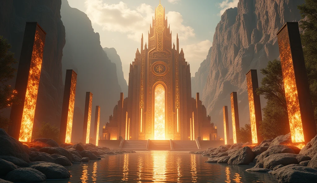 fantasy art, an epic ancient temple of god of moon and stars, with towers, holy symbols, glass artwork, pillars of fire, stream of water, sense of awe, admiration, diviinty, symmetric design