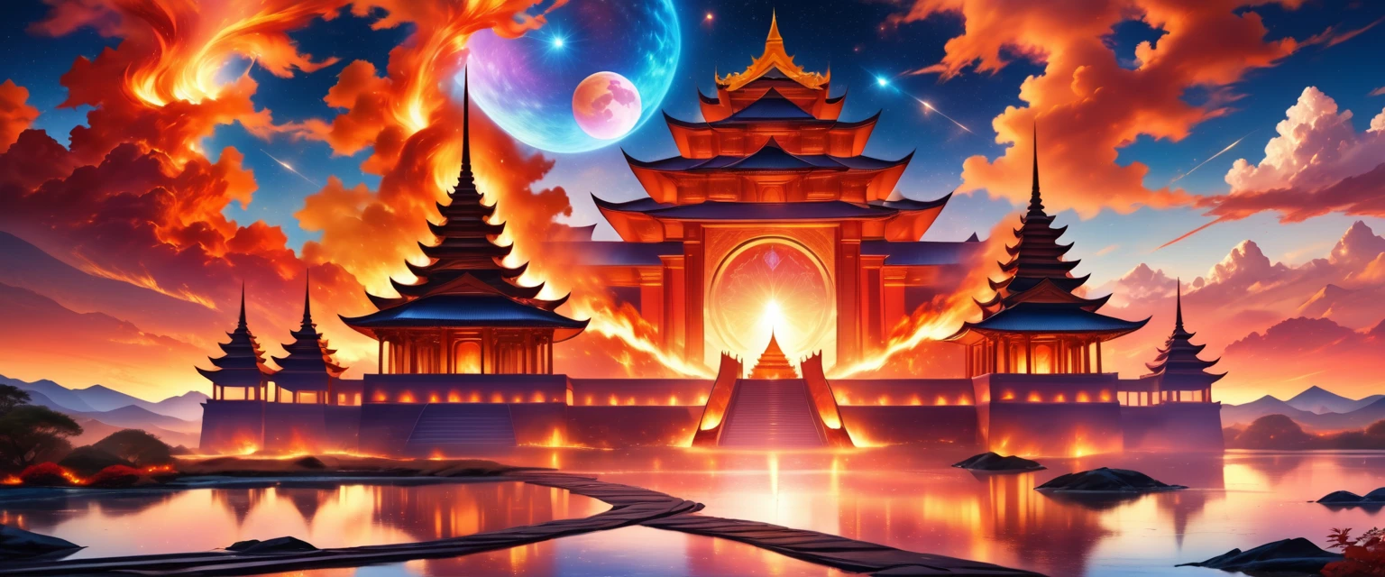 fantasy art, an epic ancient temple of god of moon and stars, with towers, holy symbols, glass artwork, pillars of fire, stream of water, sense of awe, admiration, diviinty, symmetric design