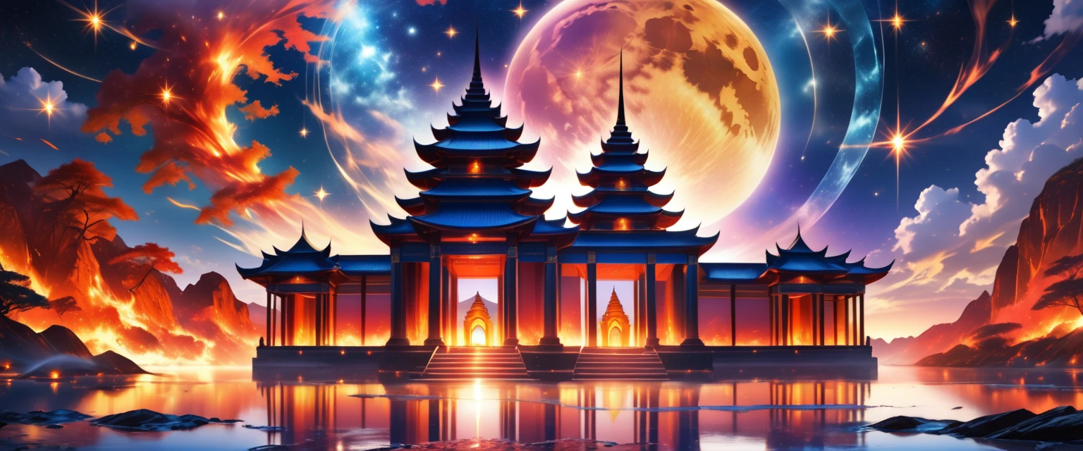 fantasy art, an epic ancient temple of god of moon and stars, with towers, holy symbols, glass artwork, pillars of fire, stream of water, sense of awe, admiration, diviinty, symmetric design