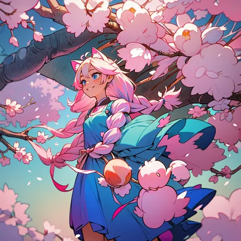 platinum blonde hair. long hair with 2 long braids. skinny girl. blue eyes. pink and blue dress. sakura cherry blossoms. cute sm...