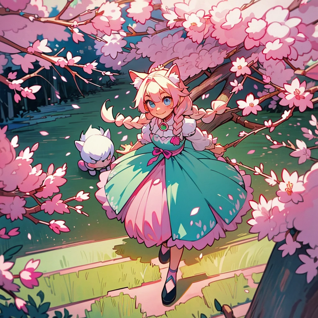 platinum blonde hair. long hair with 2 long braids. skinny girl. blue eyes. pink and green dress. sakura cherry blossoms. cute smile. 1 girl walking under the blossoms. top view. peaches. very large cat ears on her head. big fluffy cat tail. pink highlights in her ears.