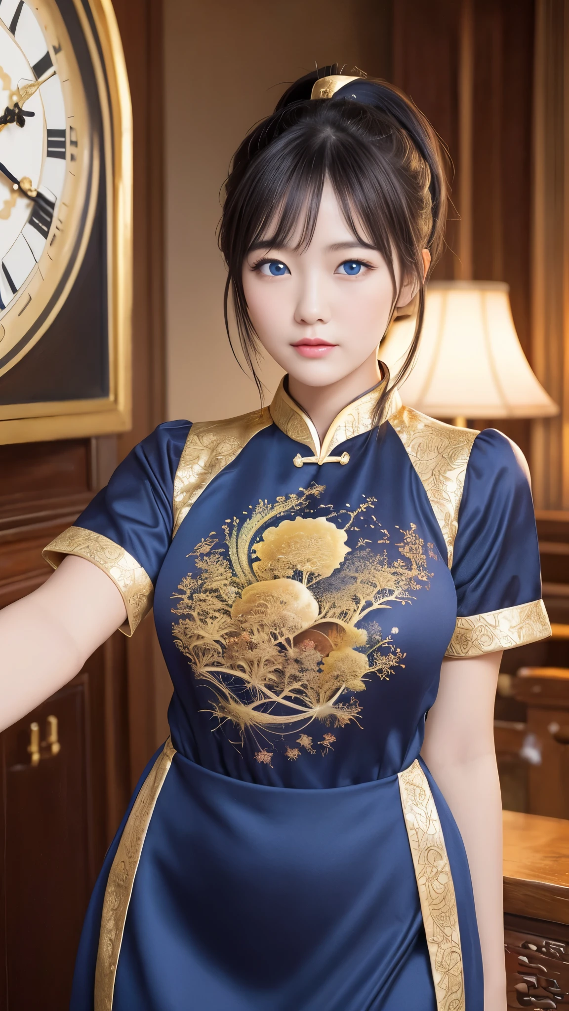 (masterpiece, Highest quality, Highest quality, Official Art, beautifully、aesthetic:1.2), (1 girl:1.3), blue eyes, Gold Ponytail, Model photo poses, Golden Chinese Dress, (Fractal Art:1.2), big clock, Cowboy Shot, 