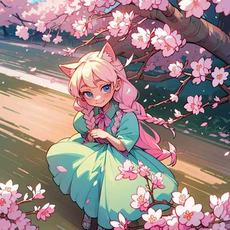 platinum blonde hair. long hair with 2 long braids. skinny girl. blue eyes. pink and green dress. sakura cherry blossoms. cute s...