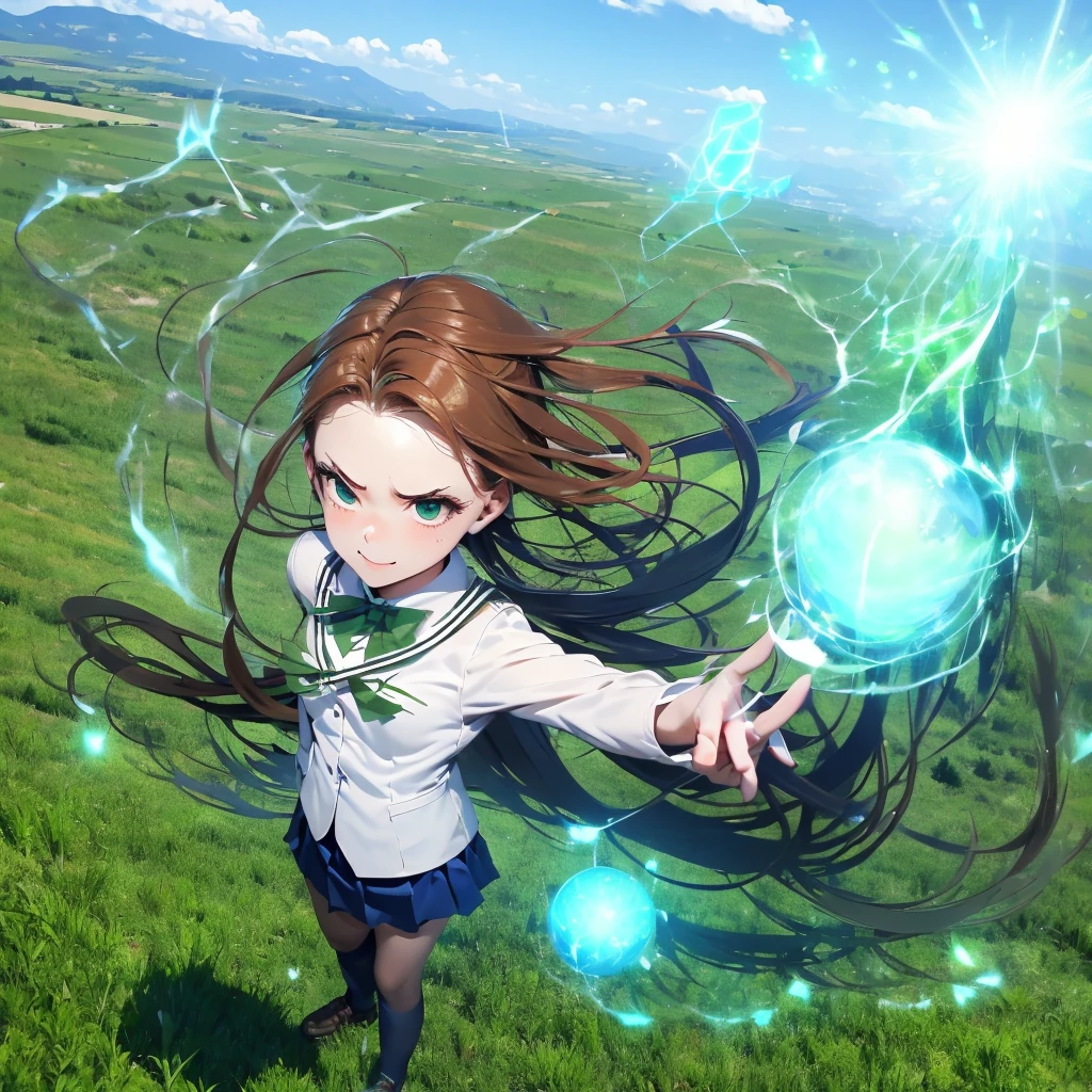 (Ultra HD)、(Full body description)、((Masterpiece))、(((Green Energyボール:1.5)))、((Smooth green ball))、(Fine skin)、((Delicate face))、Blue Eyes、Green Wind Energy、View from above、広いMeadow、Green Aura、Green Energy、girl、JK、(High School Uniform)、Red bow tie、Navy blue uniform、Brown Bob、Calm background、Meadow、The wind is blowing、blue sky、Cute face、Expansive blue sky