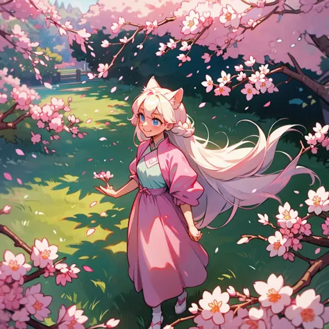 platinum blonde hair. long hair with 2 long braids. skinny girl. blue eyes. pink and green dress. sakura cherry blossoms. cute s...