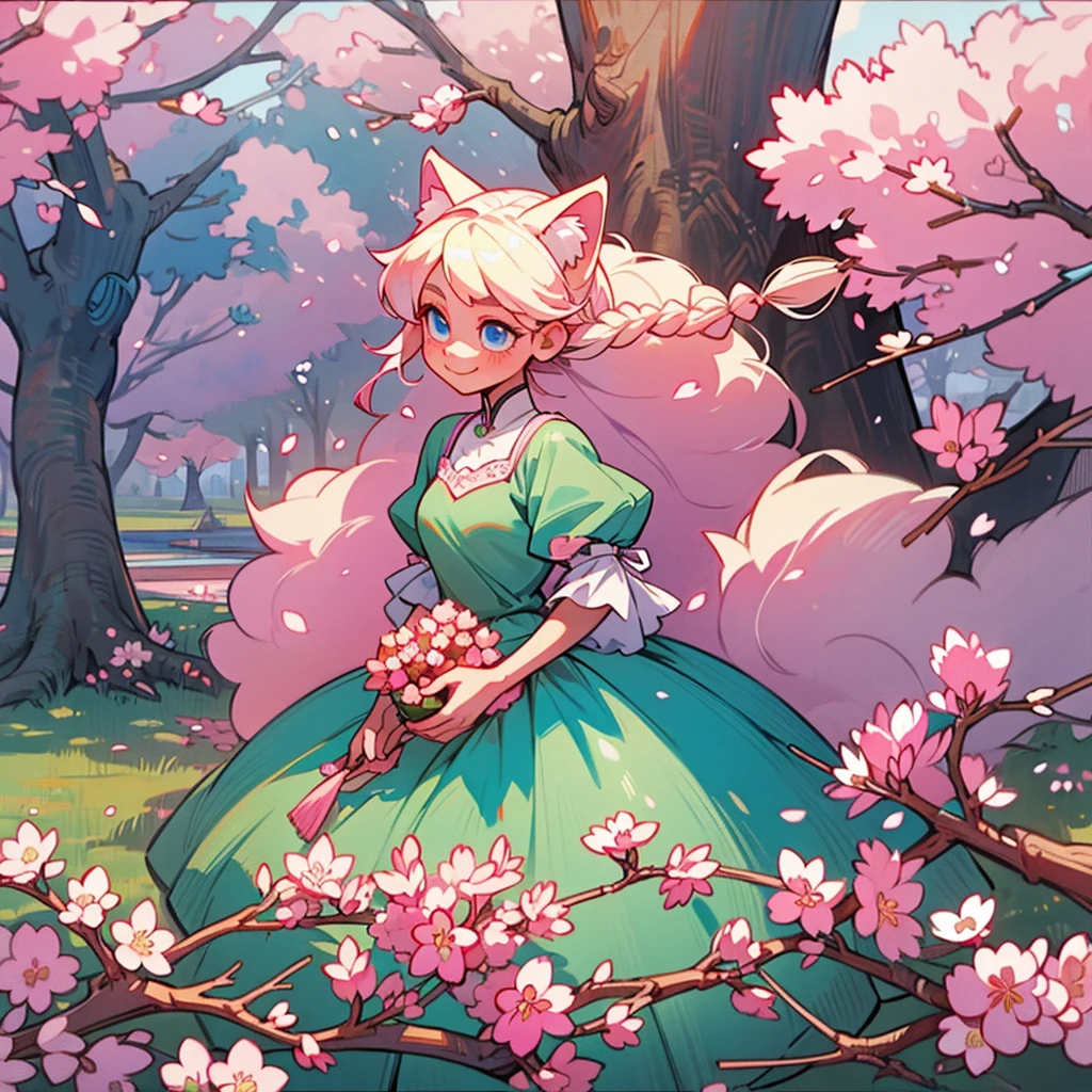 platinum blonde hair. long hair with 2 long braids. skinny girl. blue eyes. pink and green dress. sakura cherry blossoms. cute smile. 1 girl walking under the blossoms. top view. peaches. very large cat ears on her head. big fluffy cat tail. pink highlights in her ears. pastel colors. -human ears. no human ears